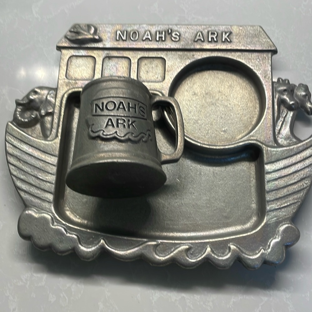 Vintage York metal Noah’s Ark child’s dish with matching cup.